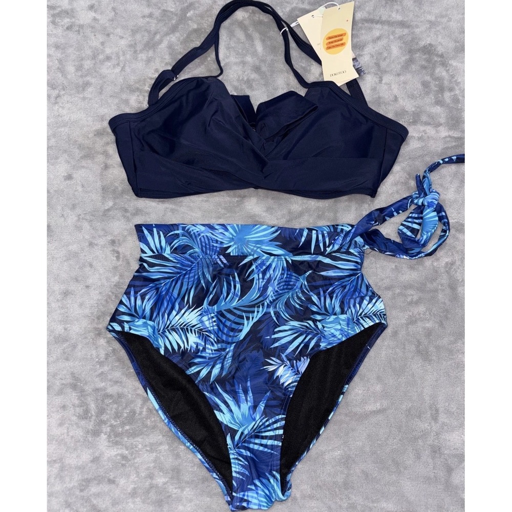 Dokotoo Swimsuit Bikini Set Women Small Blue Tropical High Waisted Tummy Control